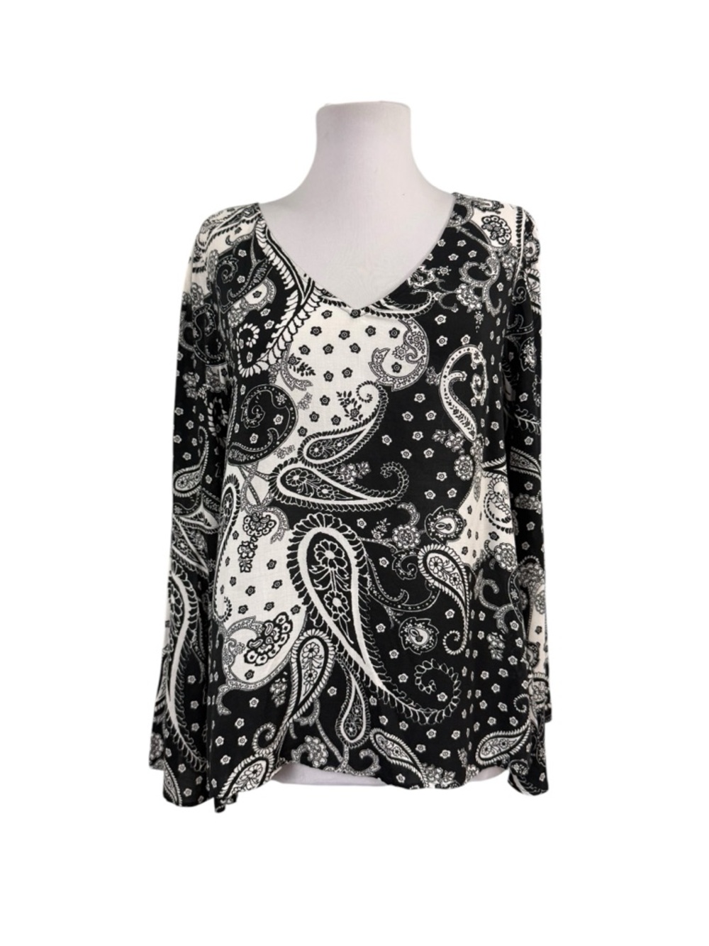 Express Women's Small Top Paisley Black White Flared Bell Long Sleeves